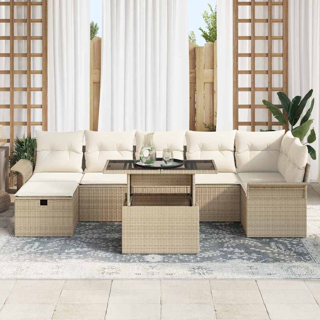 Garten-Sofa-Set mit Kissen mit Speicher 8 pcs Beige Poly Rattan